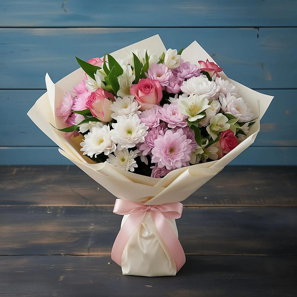 Букет цветов из: Хризантемы, Альстромерии и Розы в Донском Ставропольского края